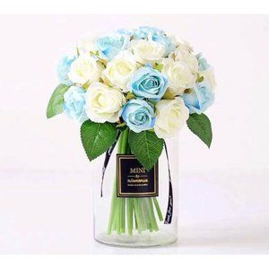 Blue & White Artificial Roses Floral Bouquet 10 Heads for Wedding Centerpiece